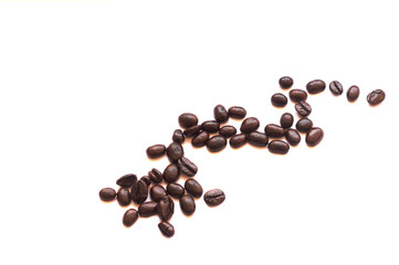 Roasted coffee beans in half heart shape on white background, isolated picture