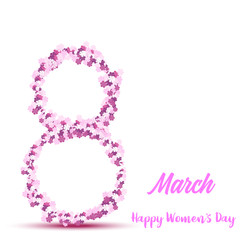  8 March. Happy Women's day greeting card with handwritten lettering pink text and flowers. Vector