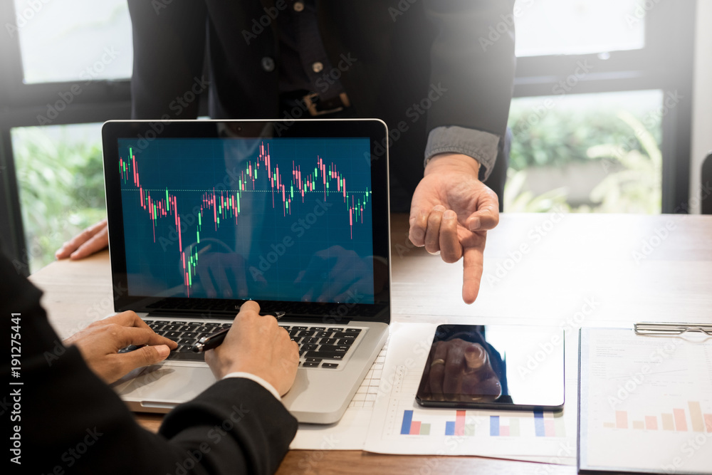Poster finance trade manager showing reports screen analysis finance currency data on stock trade graph on 