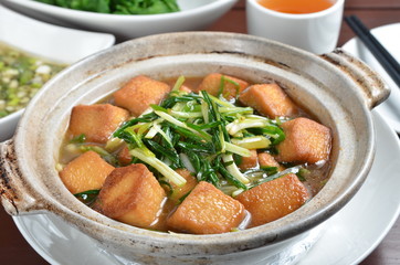 Green onions with chicken tofu in clay pot
