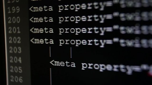 The display of the text flow of the source code instructions for a computer program on the PC screen. white symbols, black background.