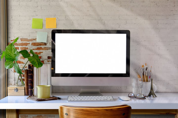 Mockup desktop computer, coffee mug, plant and accessories on desk, Workspace and blank screen desktop computer.