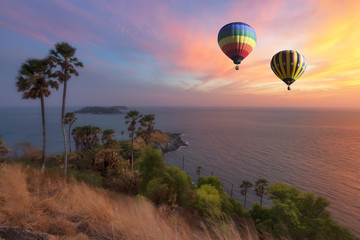 Hot air balloon flying over Phromthep cape in Phuket, Thailand