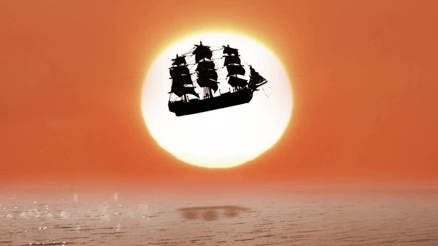 Flying Pirate Sailboat From a Fairytale with Large Sunset, 4K