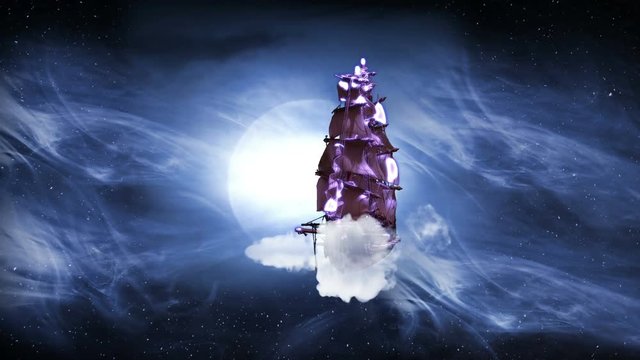 Flying Pirate Sailboat From a Fairytale with Large Moon at Night, 4K