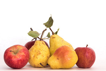 Three ripe yellow skinned pears and red apples, fresh organic beautiful studio shot with stem and green leaves