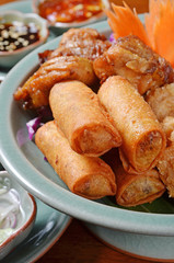 Close up of  fried spring rolls