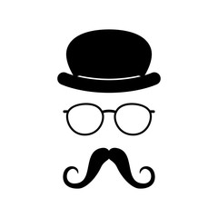 Man face with glasses, mustache and hat. Photo props. Gentleman. Detective. Vector