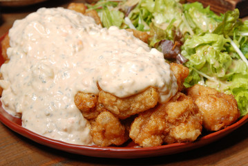 Japanese fried chicken with white sauce and salad