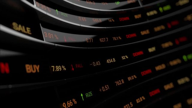 3d render abstract financial background. Market shares and percentage show on digital curved 
screen. Economic board. Looping background.
