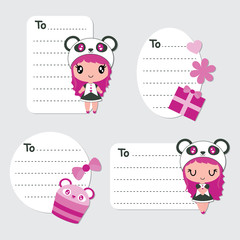 Cute panda girl, cupcake, and gift vector cartoon illustration for birthday gift tags design, postcard and sticker set