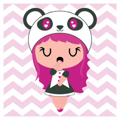 Cute panda girl on chevron background vector cartoon illustration for Baby nursery wall, wallpaper and postcard