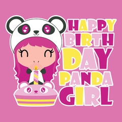 Cute panda girl birthday party vector cartoon illustration for happy birthday card design, postcard, and wallpaper