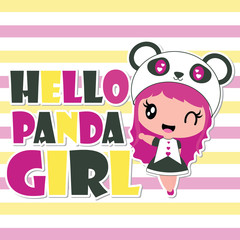 Cute panda girl says hello vector cartoon illustration for kid t-shirt background design, postcard, and wallpaper