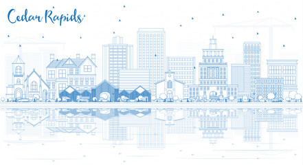 Fototapeta premium Zarys Cedar Rapids Iowa Skyline z niebieskimi budynkami z odbiciami.