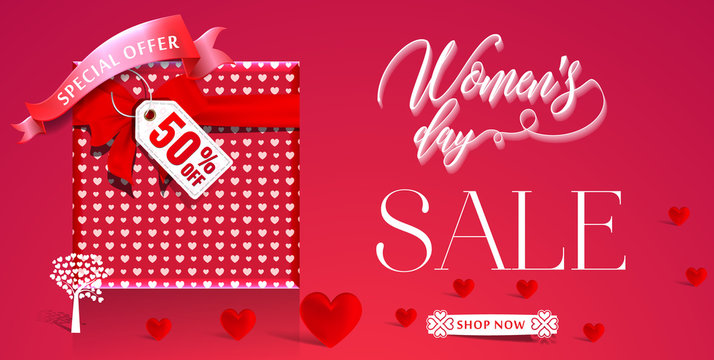 Womens day sale 50% Off banner template for social media advertising, invitation or poster design. Vector illustration. Special offer Background for women's day celebration.