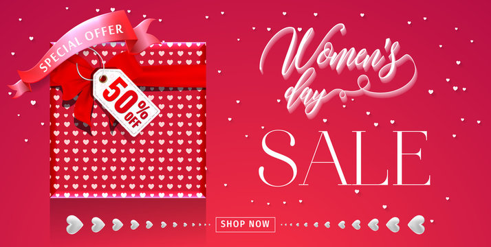 Womens day sale 50% Off banner template for social media advertising, invitation or poster design. Vector illustration. Special offer Background for women's day celebration.