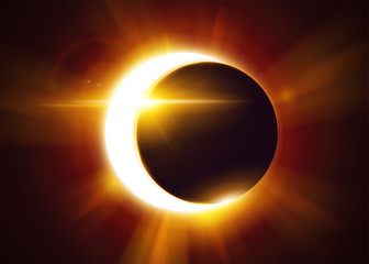 Partial Solar Eclipse. Natural Astronomical Phenomenon. Shadow of the Moon and Aura of Solar Corona. Realistic Effect with Gold Light and Sun Rays. - obrazy, fototapety, plakaty