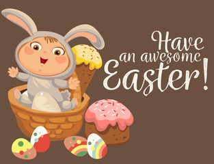 Little girl or boy hunting decorative chocolate egg, happy baby sit in a basket, easter bunny costume with ears and tail, vector illustration, spring holiday fun isolated on white, eggs hunter