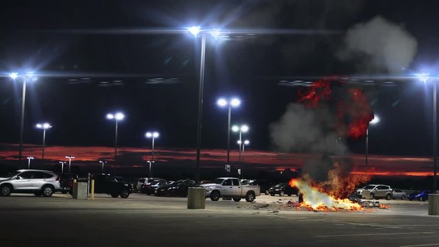 Car Bomb Explosion on Parking Lot Garage at Dusk Camera Shake VFX, 4K