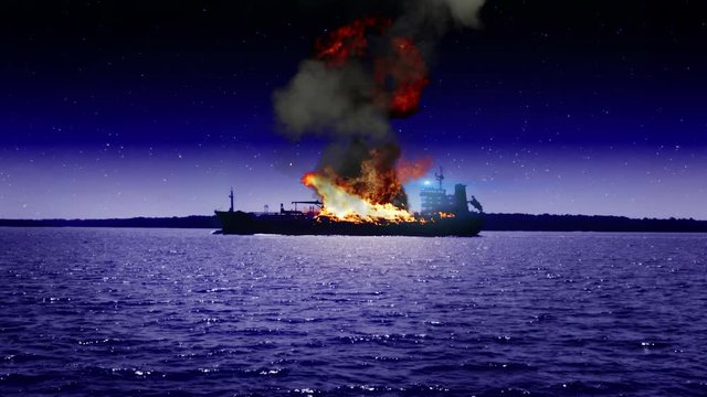 Cargo Ship Boat Explosion at Night on Bay Ocean Camera Shake VFX, 4K