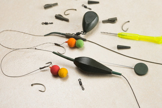 Baits, hooks, sinkers, ledcor is preparing for carp fishing. Copy paste
