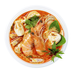 Tom Yum Goong Thai hot spicy soup on white background