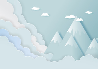 Paper art style of mountains, clouds and blue sky with nature landscape background.Vector illustration.