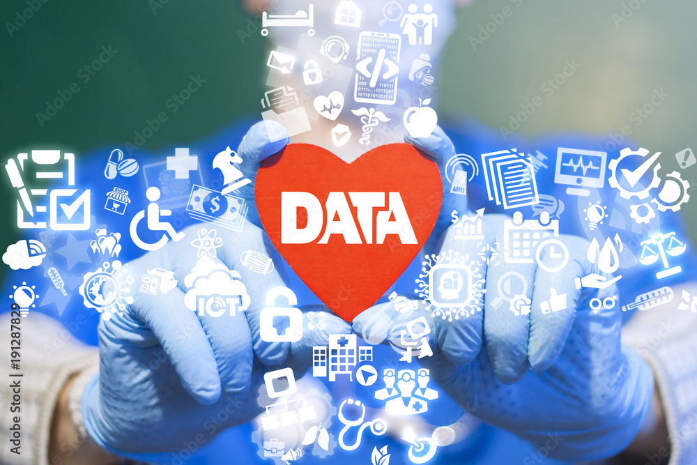 Poster doctor offers red heart with data text icon on a virtual interface. big data medicine modern health 