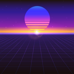 Sci fi futuristic abstract background with graphic sun on horizon. Violet retro gradient, vintage style of the 80s. Virtual surface with neon grids, digital cyber world. Illustration for poster