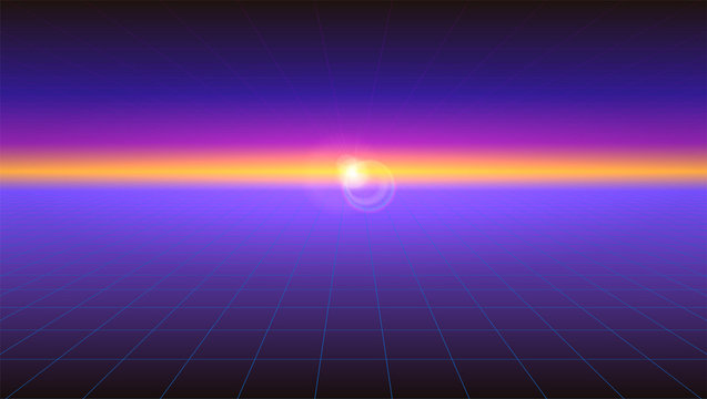 Futuristic abstract background with the sunlight rays on the horizon. Horizontal Sci-fi retro gradient, vintage style of the 80s. Digital cyber world, virtual surface with neon grids