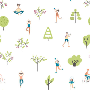 Active Lifestyle, Sports Entertainment Outdoors. Young People In City Park Among The Trees. Seamless Pattern, Vector Background Illustration On White.