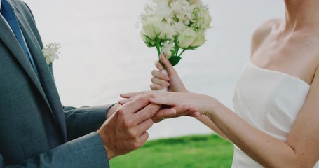 Bride and groom exchanging rings on wedding day