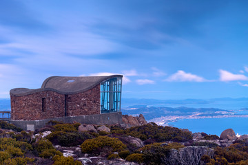 Fototapeta na wymiar Lookout at Mount Wellington, Hobart, Tasmania, Australia, during a blue hour sunset.