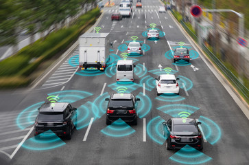 Sensing system and wireless communication network of vehicle. Autonomous car. Driverless car. Self...