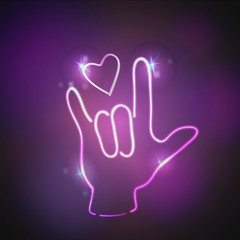 neon pink glow effect of love hand sign vector illustration