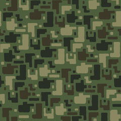 Camouflage pattern background seamless vector illustration. Classic clothing style masking camo repeat print. Green brown black olive colors forest texture. 