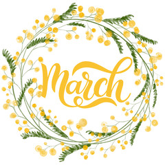 Fototapeta na wymiar Hello March spring lettering. Elements for invitations, posters, greeting cards