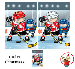 Two hockey players on the hockey field. Find 10 differences. Educational game for children. Cartoon vector illustration
