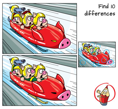 Three piglets at the bobsled competition. Find 10 differences. Educational game for children. Cartoon vector illustration