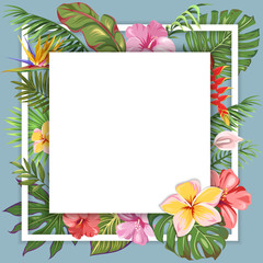 Square template with leaves of tropical palm trees and exotic flowers