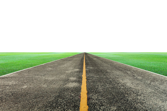 empty asphalt road with green grass on white background for design and background.