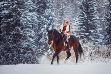 Rider young girl jumps over snow on brown horse over winter forest