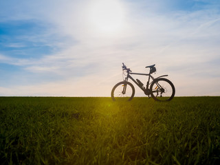 Naklejka na ściany i meble Bicycle silhouettes on the dark background of sunsets