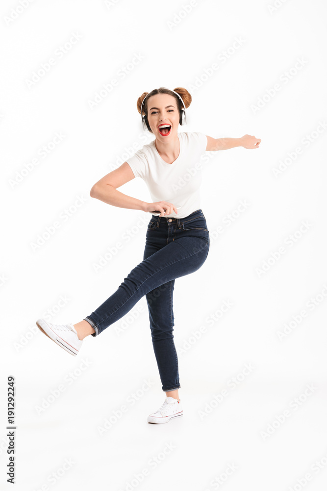 Poster full length portrait of a joyful casual girl