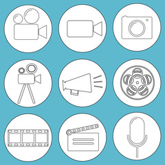 Cinema icon.Cinema set on blue background. camera , video, cinematograf