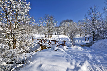 Snowy, wooden bridge in a winter day.