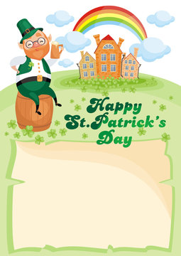 Saint Patrick’s Day background with the image of a leprechaun. Vector colorful illustration in cartoon style.