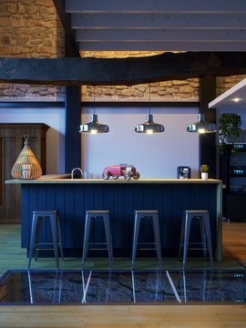 3D Rendering Empty Bar Interior, No People Evening Front View