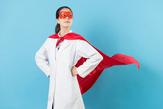 young female cancer doctor with superhero clothing